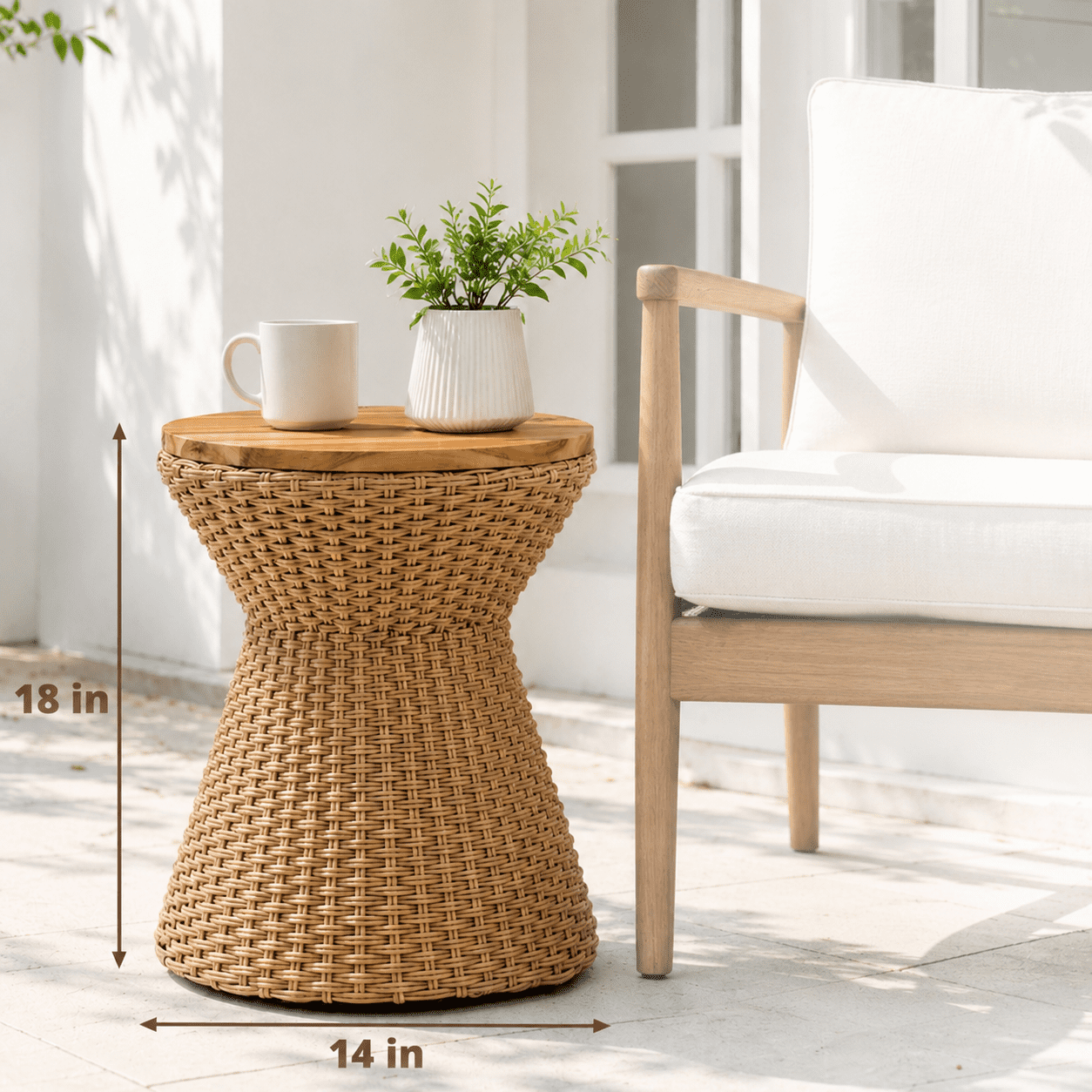 14.2" Polyrattan Stool with Wood Lid, Natural Resin Wicker Accent Table – Indoor Outdoor Side Table with Steel Frame