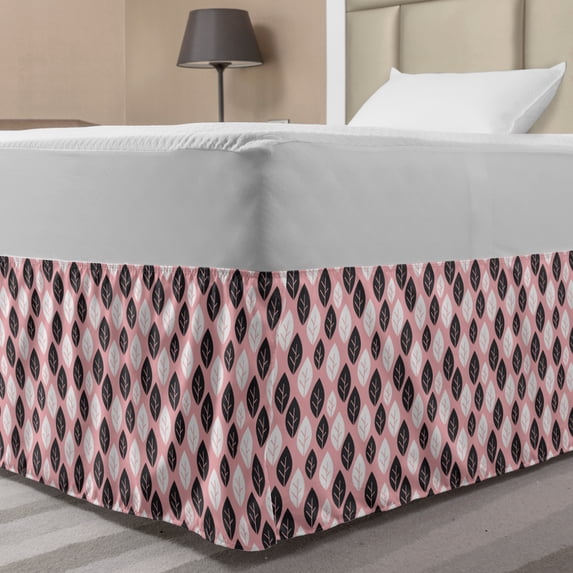Leaves Bed Skirt, Pastel Toned Flower Leaves Doodle Seasonal Growth of Nature Essence, Elastic Bedskirt Dust Ruffle Wrap Around for Bedding Decor, 4 Sizes, Rose Dark Grey and White, by Ambesonne