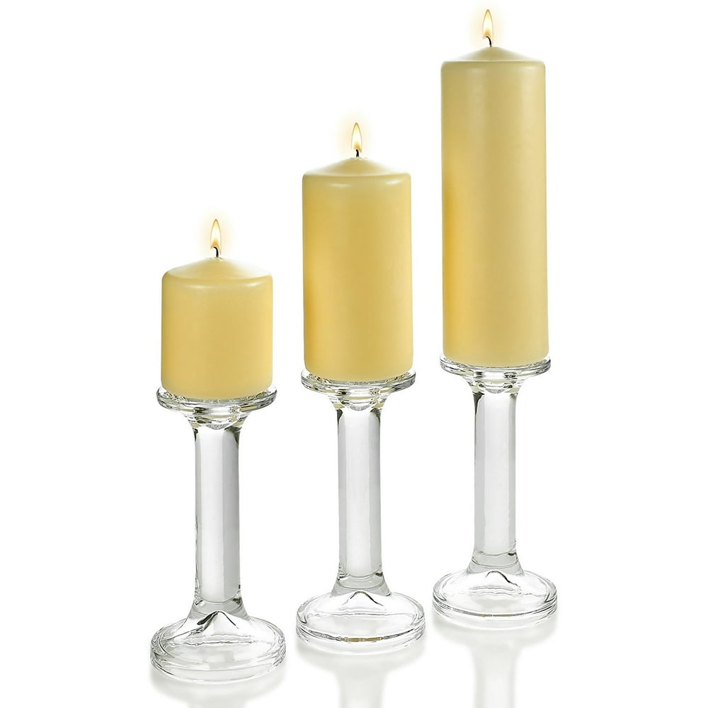 3 Glass Round Shaped Candle Holders 7.5” with Set of 3 Ivory Pillar