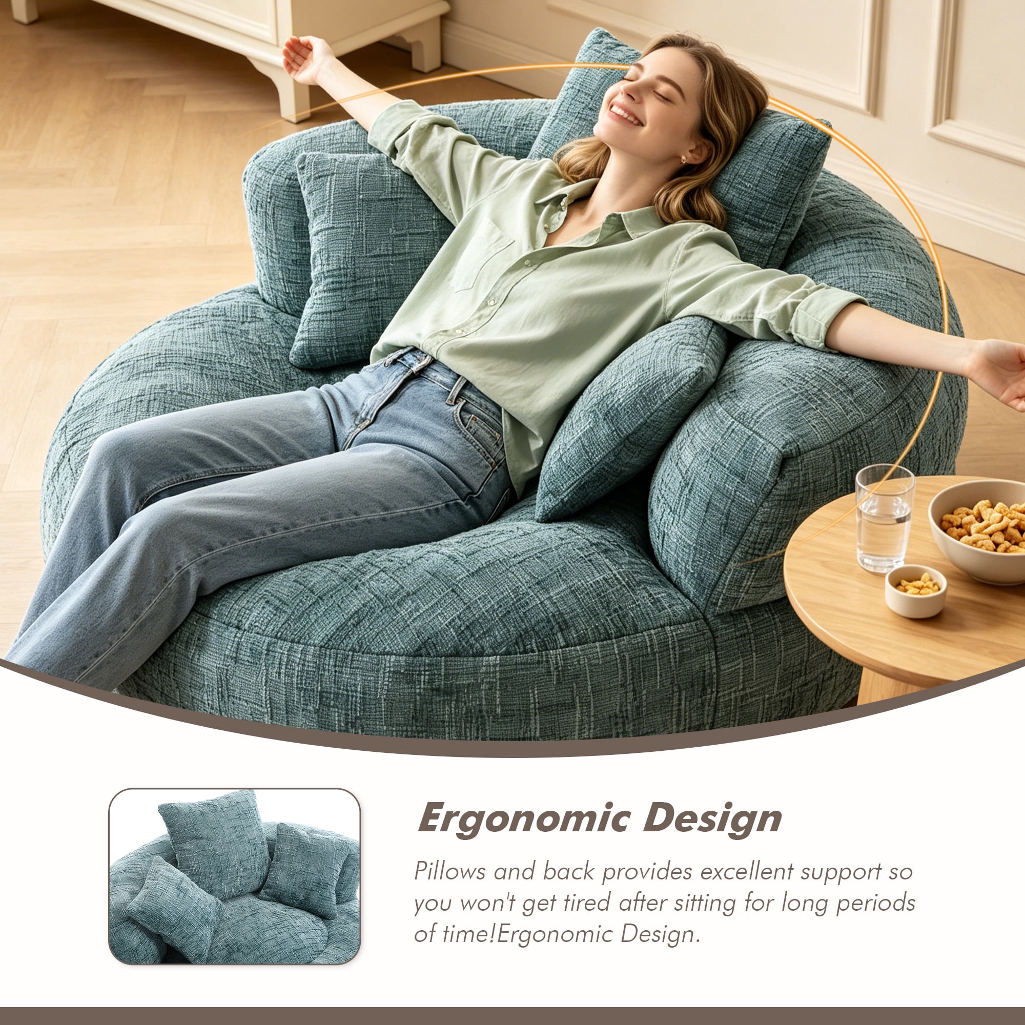 MOONMISS Oversized Bean Bag Chair, Chenille Lazy Bean Bag Sofa with Wrap-Around Backrest & Pillows for Living Room,Teal Blue