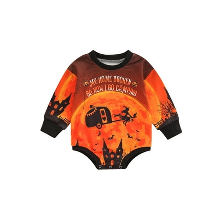 

Halloween Sweatshirt Romper Top for Baby Witch Pumpkin Print Long Sleeve Costume Bodysuit Fall Winter Clothes 3-18 Months