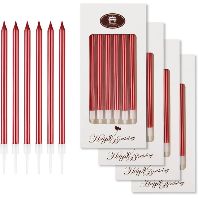 Bougies Gâteau d'Anniversaire BEAN LIEVE Rouges - 24 Unités Longues et Fines, Sans Fumée, Non Toxiques, Parfaites pour Anniversaires, Mariages et Fêtes