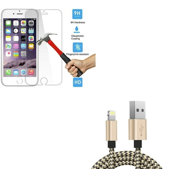 Screen Protector w USB Cable for iPhone 8 7 6S 6 - Tempered Glass HD Clear 2.5D Round Edges Display Cover Guard, 6ft Charger Cord Power Wire Sync