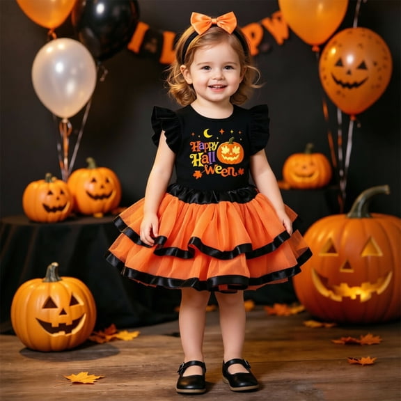CUZIBR Toddler Girls Halloween Outfits Fly Sleeve Pumpkin Print Top Ruffles Layered Tulle Skirt With Cute Bow Headband Kids Party Set,Black,2-3 Years