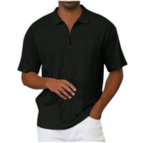 Men's Zipper Polo Shirts Short Sleeve Ribbed Knit Polo T Shirts Fashion Casual Golf Shirts Black XL