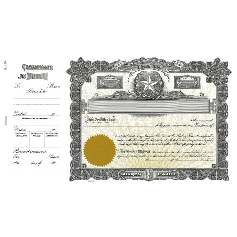 Goes 265 Texas Stock Certificate, Certificate for Texs, Size 81/2" x 15", Printable, Laser or