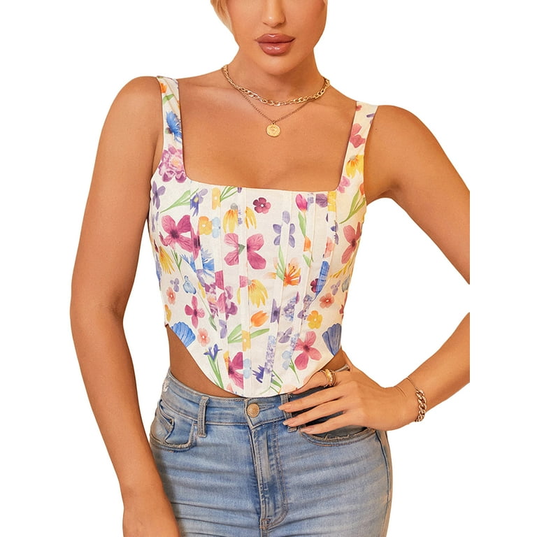 Women s Floral Print Bustier Crop Tank Top Zip up Square Neck Sleeveless Corset Tops Walmart