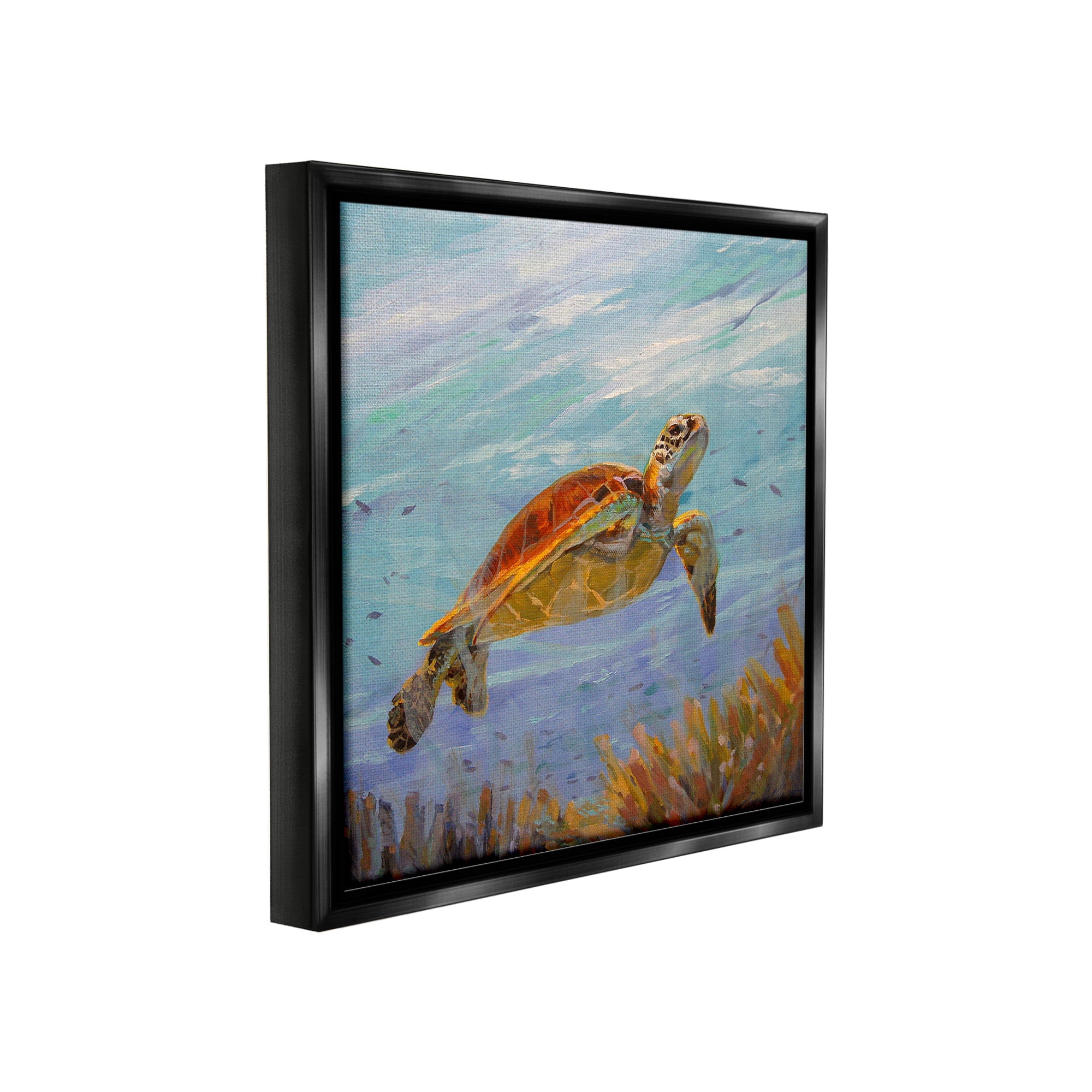 Stupell Industries Turtle Among Coral Reef Animals & Insects Painting Black Floater Framed Canvas Art Print Wall Art, 18 x 18