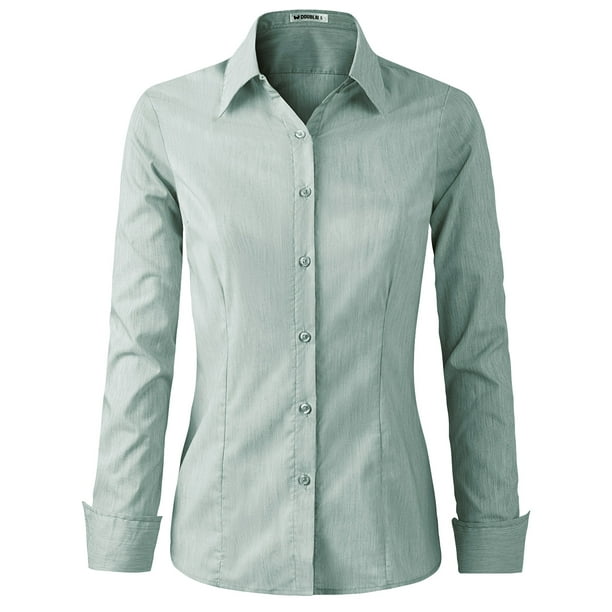Doublju Women's Long Sleeve Slim Fit Button Down Dress Shirt (Plus Size