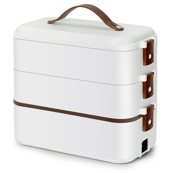 Multifunctional Electric Lunch Box,Portable Food Warmer for Travel Party,110V 3 Layers Large 304 Stainless Steel Container with Removable Compartments, White, DE-110V-300W-1.2L, 9.45''x7.87''x5.12''