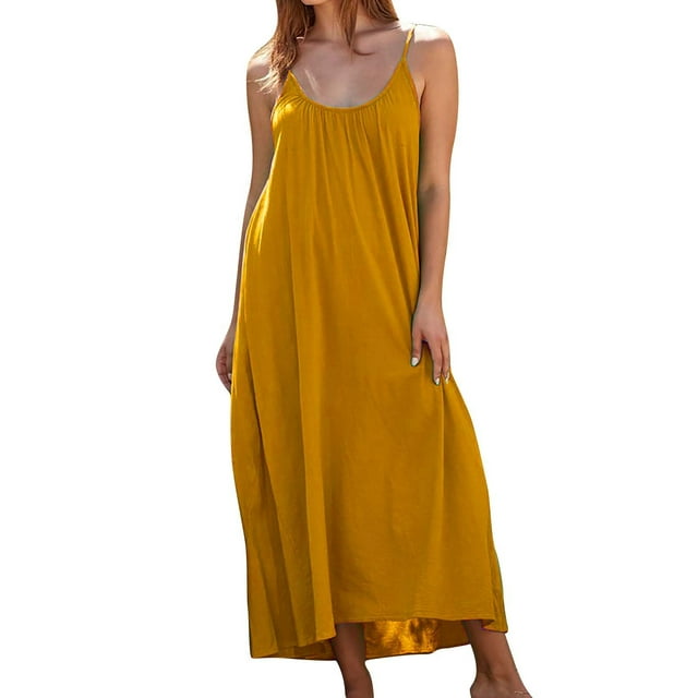 Yuyuzo Robes Maxi pour Femmes à Bretelles Spaghetti Sans Manches Robes d'Été Col Rond Plissées Décontractées Fluides Robe d'Été