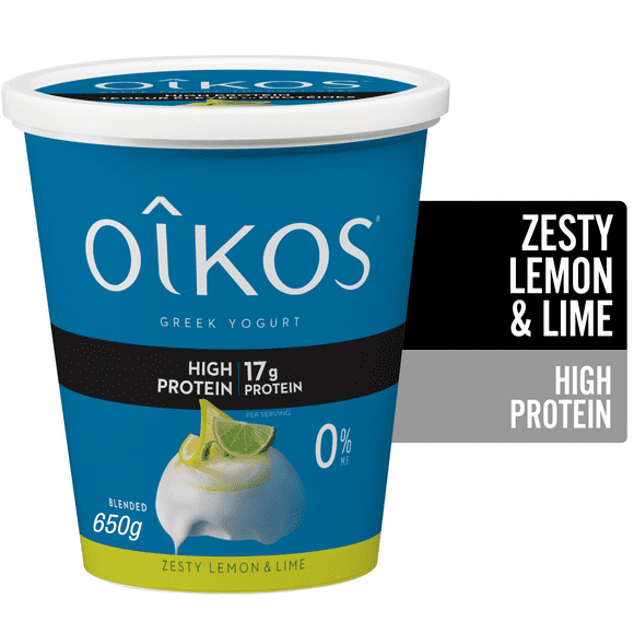 Oikos Greek Yogurt, Zesty Lemon & Lime, High Protein, Blended, 0% M.F., 650 g
