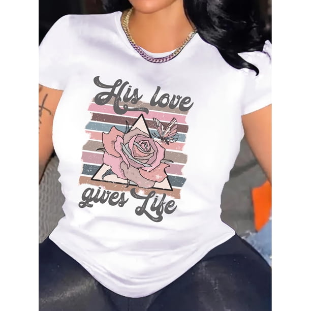 Camiseta Para Mujer De Verano Cuello RedondoValentine's Day Gift, His love is like flowers and butterflies, roses, butterflies colorful pattern Camisetas de verano para mujer, manga corta, cuello re