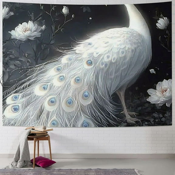 Patifu White Peacock Flowers Gothic Art Tapestry Wall Hanging Unique Style for Home Wall Decor Living Room Bedroom Dorm Decoration 40x30inch
