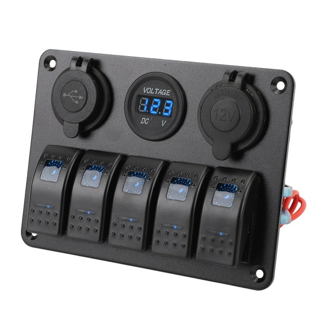 5 Gang Voltmeter Rocker Switch Panel, Blue LED Lighted with Dual USB Socket, Aluminum Alloy Marine Waterproof Toggle Switch Panel for Boat Car Truck RV