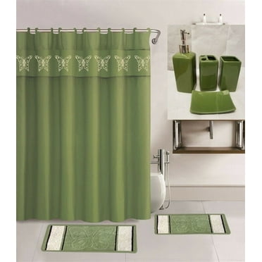 7 Piece Complete Bathroom Set Butterfly Sage Print Design With Non-Slip Rugs, Bath Mat, Shower Curtain with 12 Hooks 72x72 inch, 4 Pieces Matching Ceramic Accesories for Bathroom
