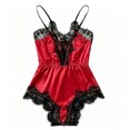 thumbnail image 2 of MOJOGO Lace Romper for Women Satin Deep V High Cut Sleep Bodysuit Soft Thin Strap Nightwear Red L, 2 of 5