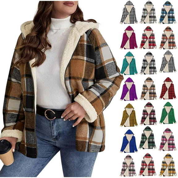 QATAINLAV Womens Plaid Fleece Jacket Long Sleeve Sherpa Lined Shacket with Hood Warm Cute Zip Up Hoodies, Army Green, S