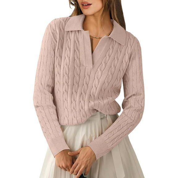 CAILDANL Womens Cable Knit Sweaters Long Sleeve V Neck Sweater Tops Casual Pullover Polo Shirts 2025 Fall Fashion Outfits