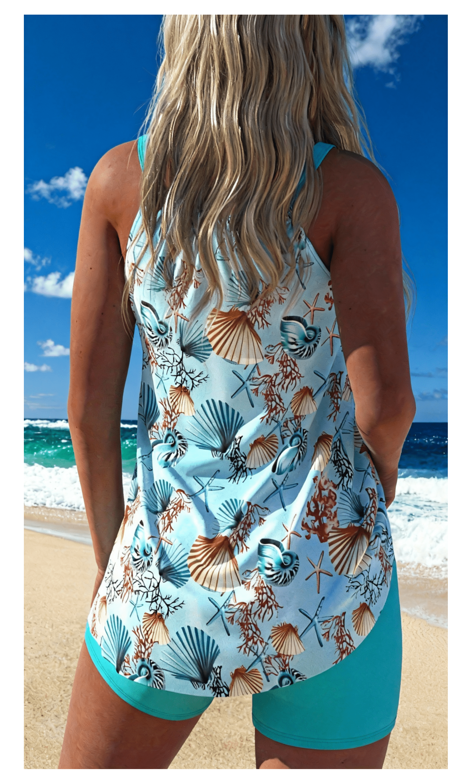Women's Seashell Starfish Print Ruched Tankini Swimsuit - Two Piece with Turquoise Boyshorts, Beach Vacation Bathing Suit Sizes XL-4XL