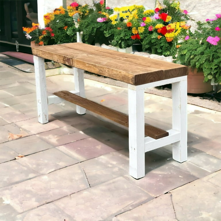 Rustic Bella Two Tone Real Solid Wood Entryway Accent Bench White