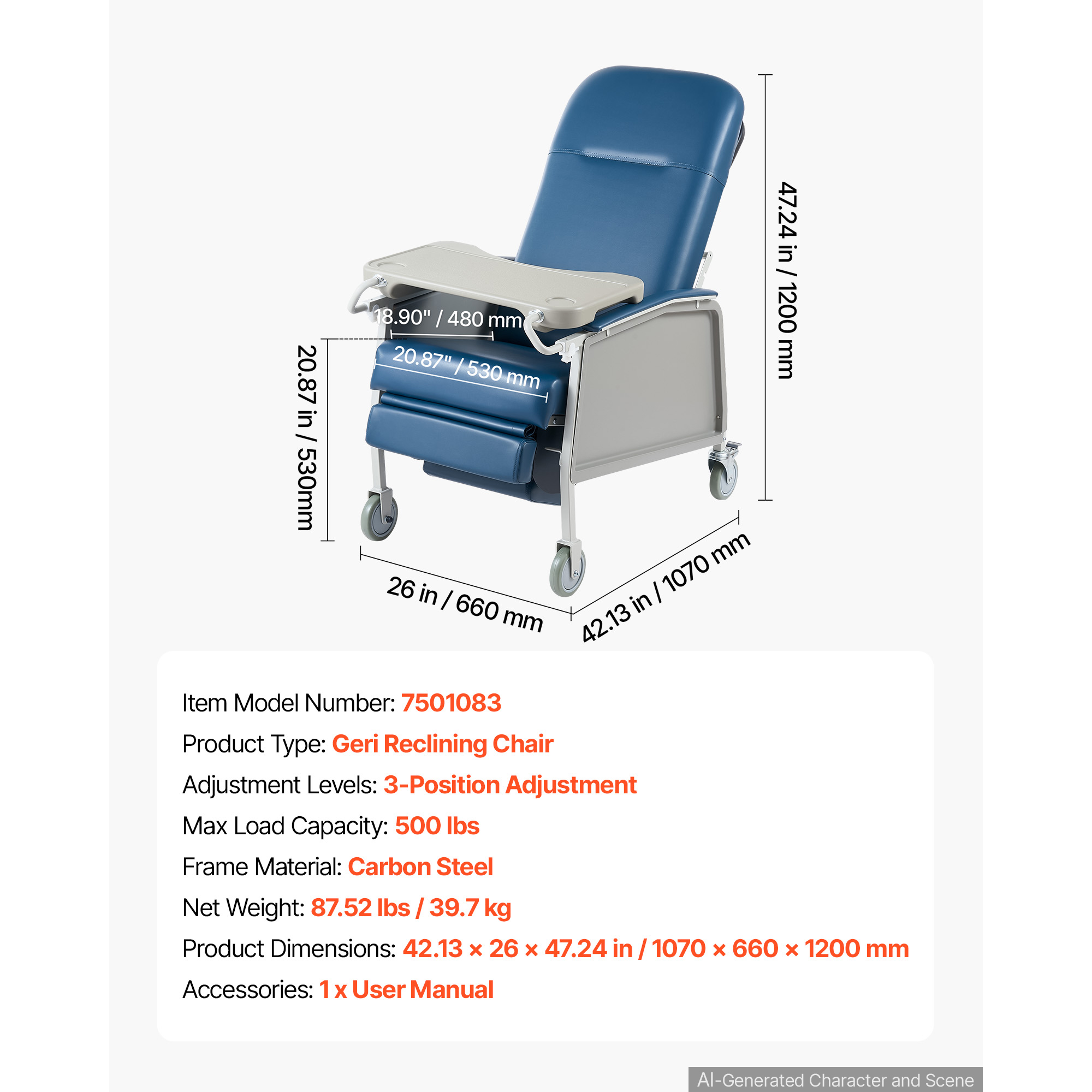 KFFKFF 3-Position Reclining Chair with 500 lbs Capacity, Comfortable Medical Recliner with Wheels, Padded Seat, and Tray Table for Healthcare Facilities and Home Care