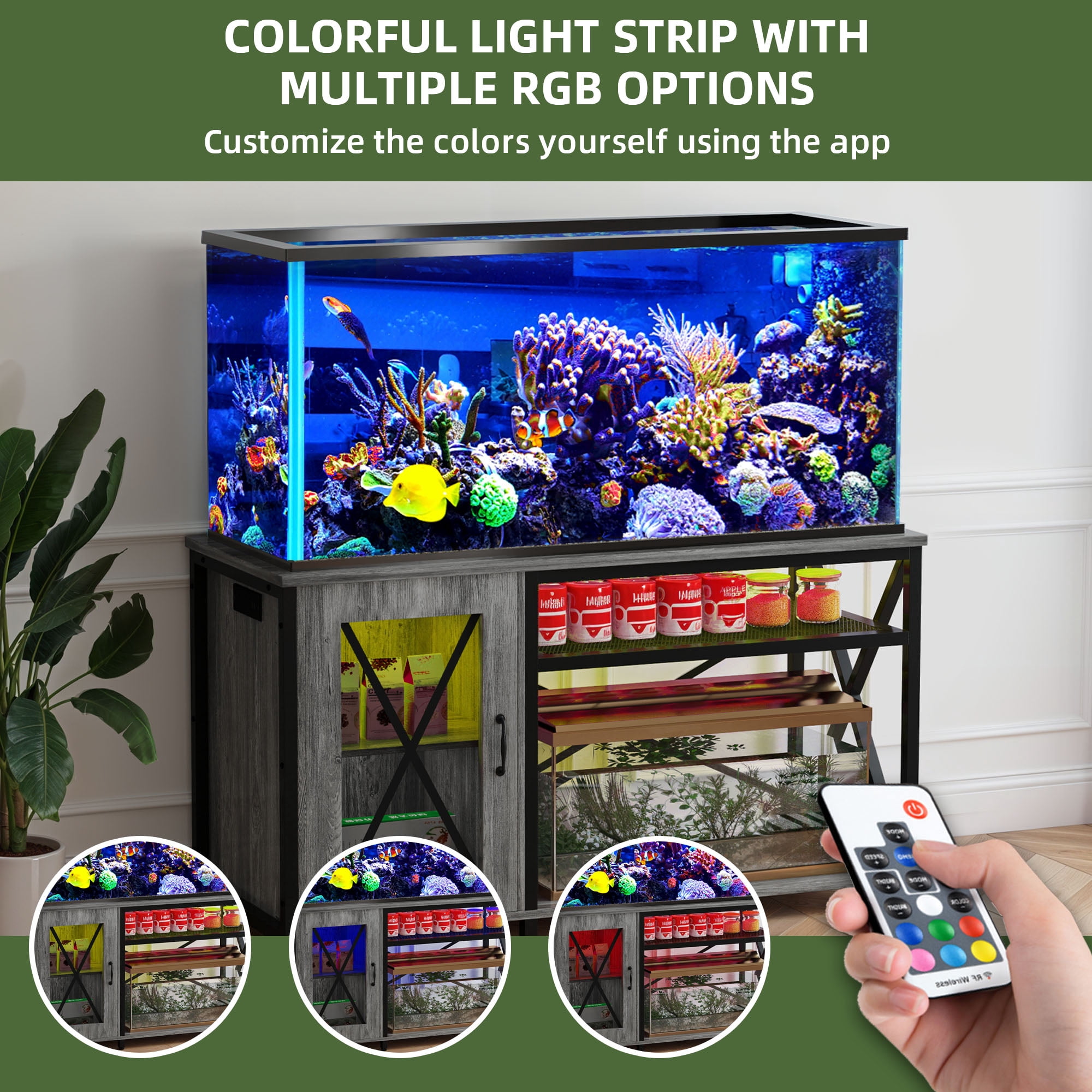 Uforic 55-75 Gallon Fish Tank Stand/Aquarium Stand with LED Lights and Power Outlets - Gray