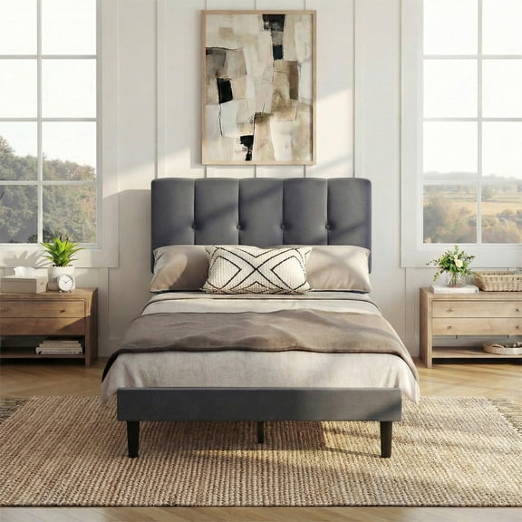 EDX Twin Size Platform Bed Frame, Fully Upholstered Mattress Foundationwith Fabric Upholstered Headboard and Wooden Slats Support, No Box Spring Needed, Grey