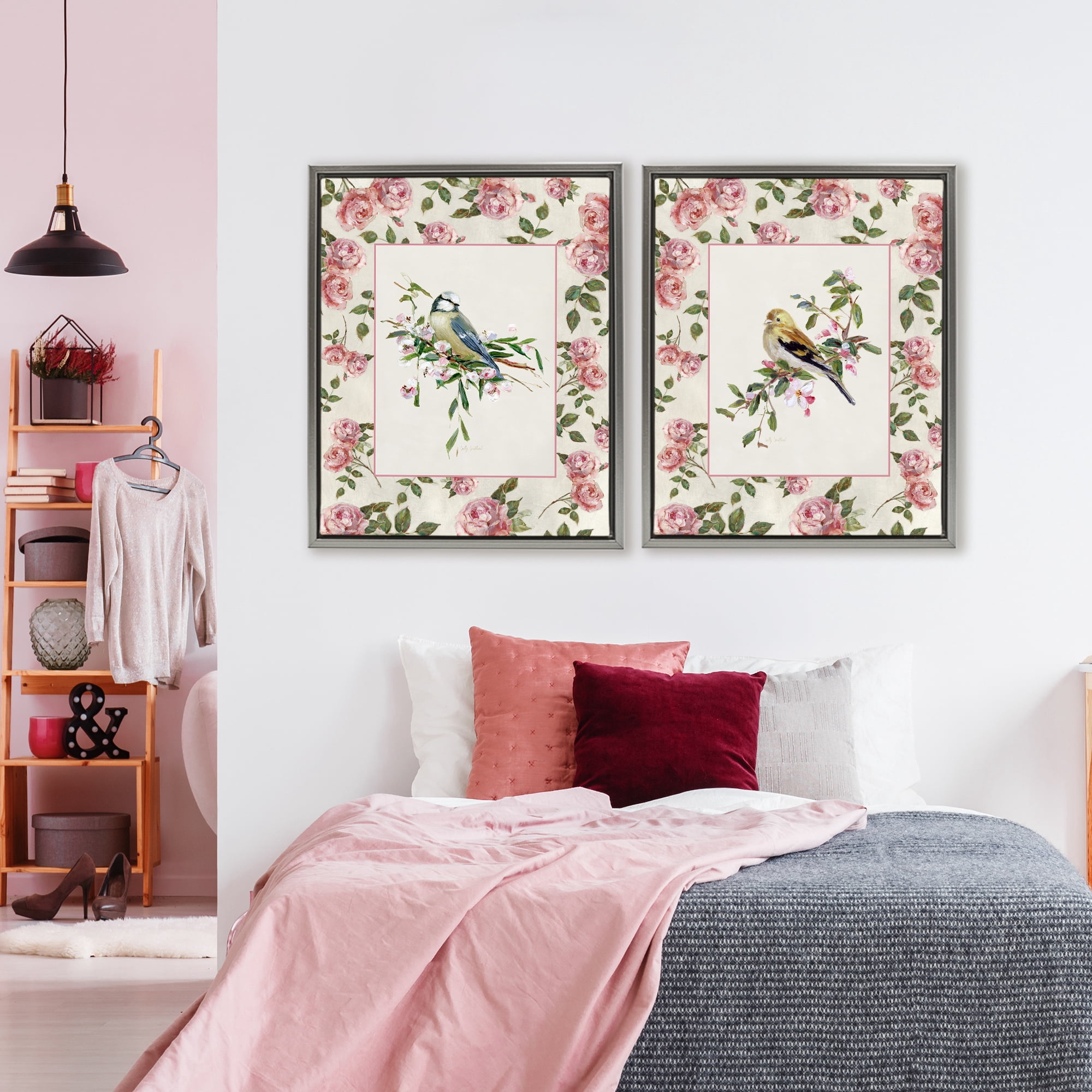 Stupell Industries Dainty Roses & Birds 2 Piece Gray Framed Floater Canvas Set, design by Sally Swatland