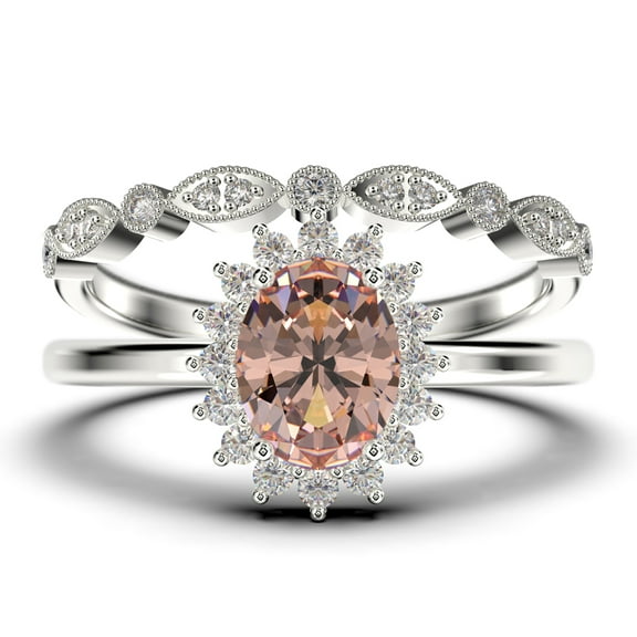 Beautiful Minimalist 2.00 Carat Oval Cut Morganite And Diamond Moissanite Engagement Ring, Classic Halo Wedding Ring, One Matching Band in 10k Solid White Gold Band, Gift For Her, Promise Ring