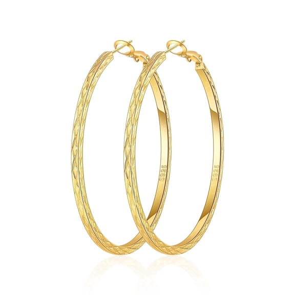VEEDOFA Diamond Grid Hoop Large Earrings for Women ,14K Gold Plated 925 Sterling Silver Textured Hoops, Lightweight Hoops, Hypoallergenic Spring Clasp Gift Box