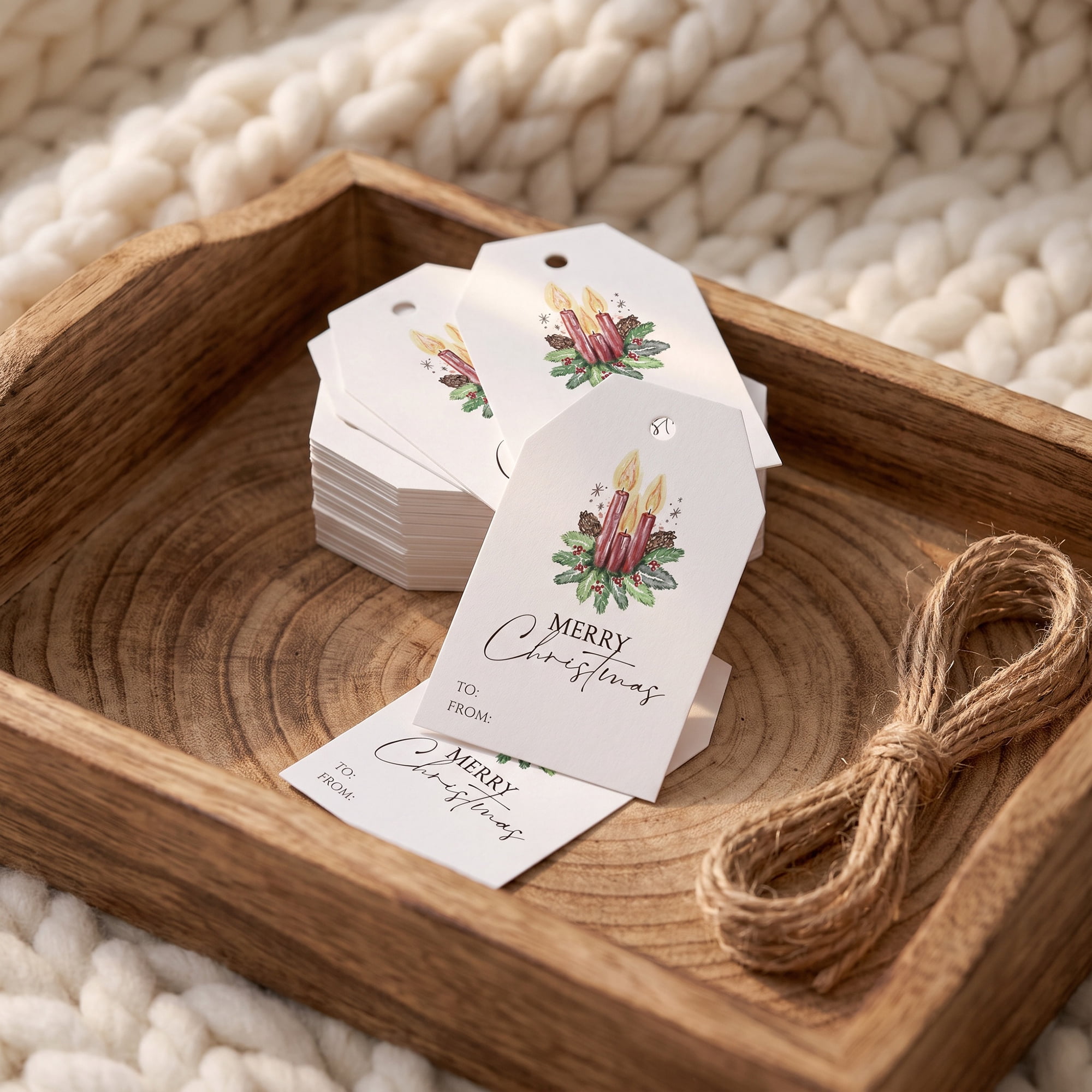 Unique Bargains 100Pcs Thick Gift Wrapping Tags with Twine Candle Wreath 2" x 3.1"