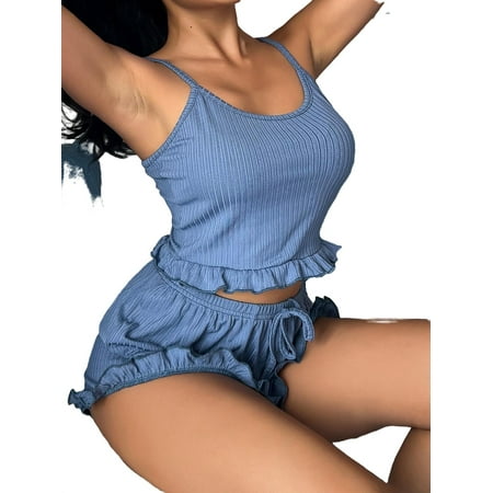 

2pcs Set Sexy Cami Short Sets Sleeveless Dusty Blue Women s Pajama Sets (Women s)