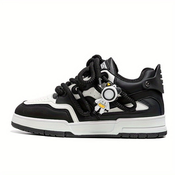 All-Season Casual Walking Shoes for Skateboarding, Gym, Casual Attire - Breat ,Men'S Low-Top Skateboard Sneakers - Black & White Faux Cover Upper with Cushioned Rubber Sole, Round Toe & Arch Support