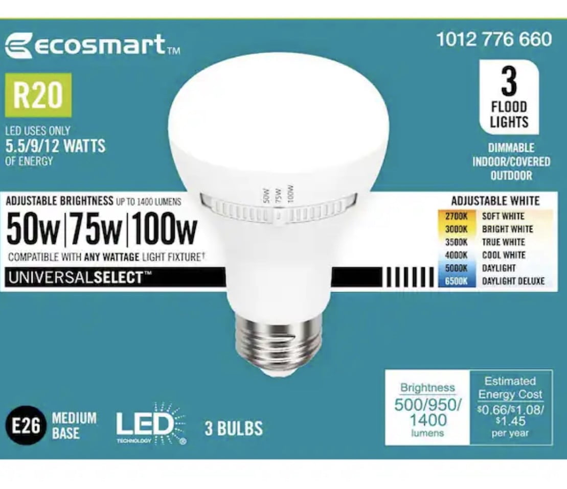 EcoSmart Universal Select 50/75/100-Watt Equivalent R20 Dimmable LED Flood Light Bulb with Selectable Color Temperature (3-Pack)