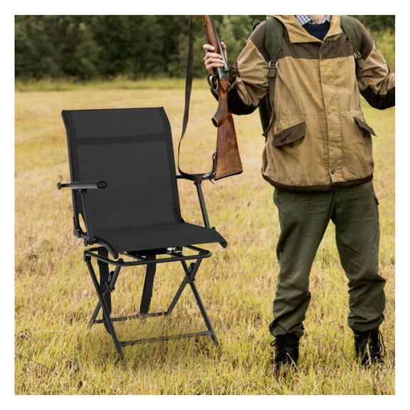 Foldable Swivel Patio Chair - 360° Rotation, 330lbs Capacity, Portable Outdoor Hunting Chair with Mesh Back & Armrests - Black