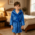 thumbnail image 5 of LYMAYTER Toddler Boys Hooded Bathrobe Kids Solid Color Loose Robe Soft Flannel Home Lounge Robe for 2-12Y, 5 of 10