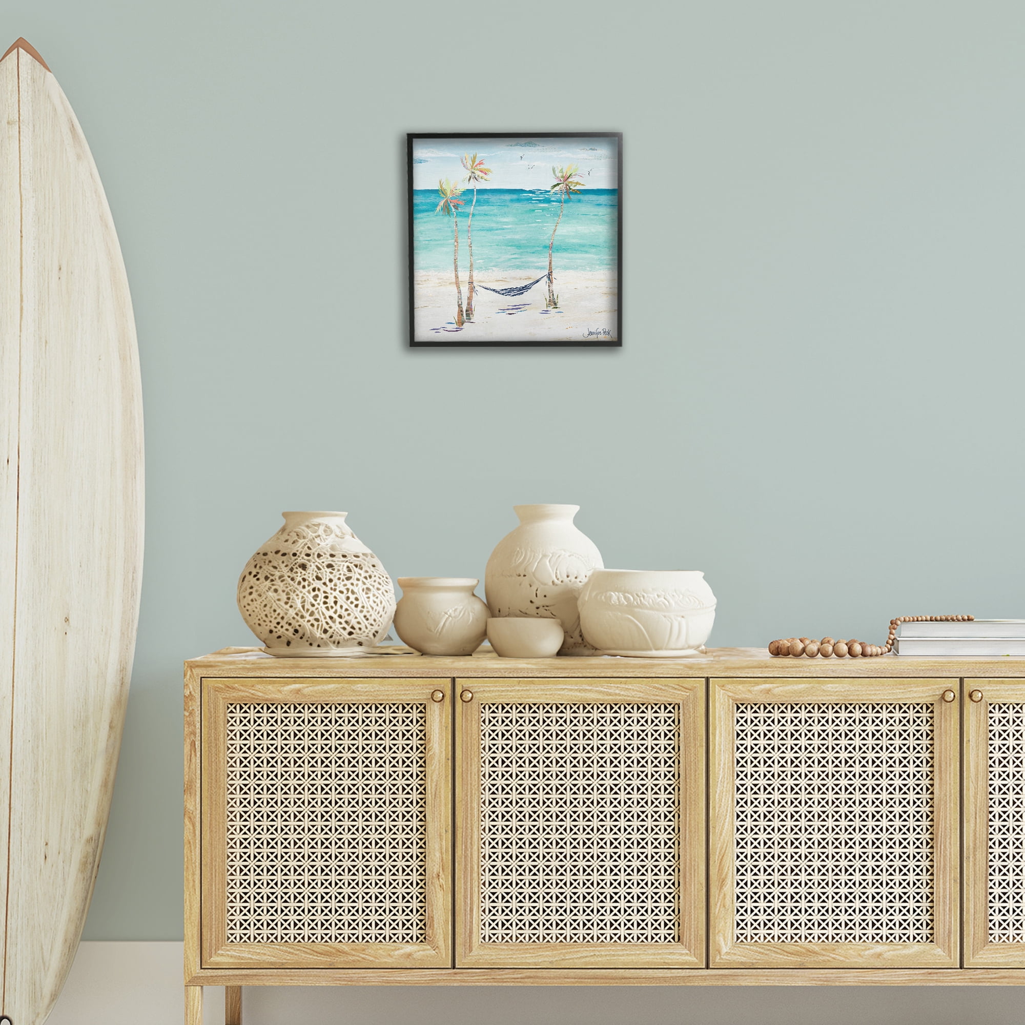 Stupell Industries Hammock & Three Palms Coastal Painting Black Framed Art Print Wall Art, 17 x 17