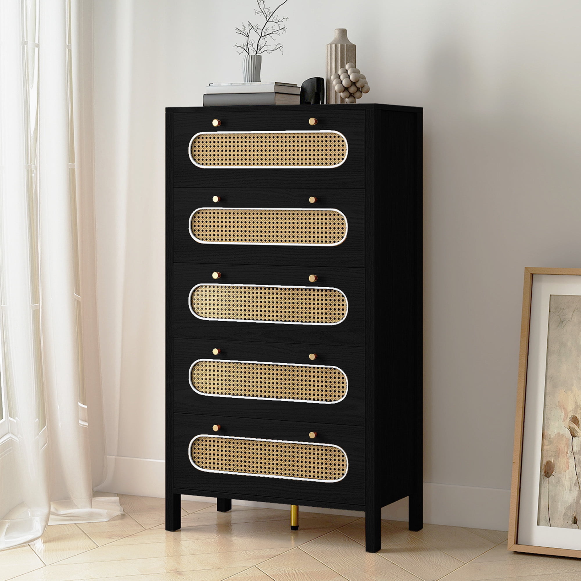 Uforic 47" 5 Drawer Tall Rattan Vertical Dresser with Metal Handles, Chest of Drawers for Bedroom, Living Room, Black Oak