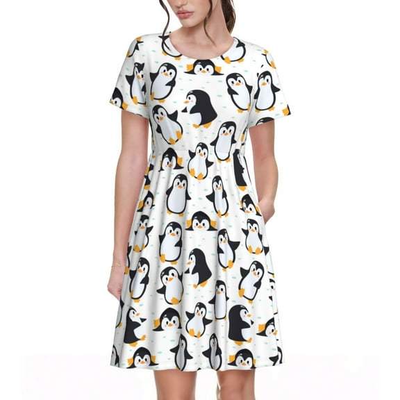 Defioc whiter cute penguin Pattern Womens Summer Dresses Short Sleeve Sundress 2025 Beach Vacation Dresses with Pockets -Small