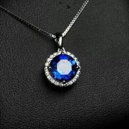 2Ct Round Lab Created Blue Sapphire Women's Halo Pendant 14K White Gold Plated
