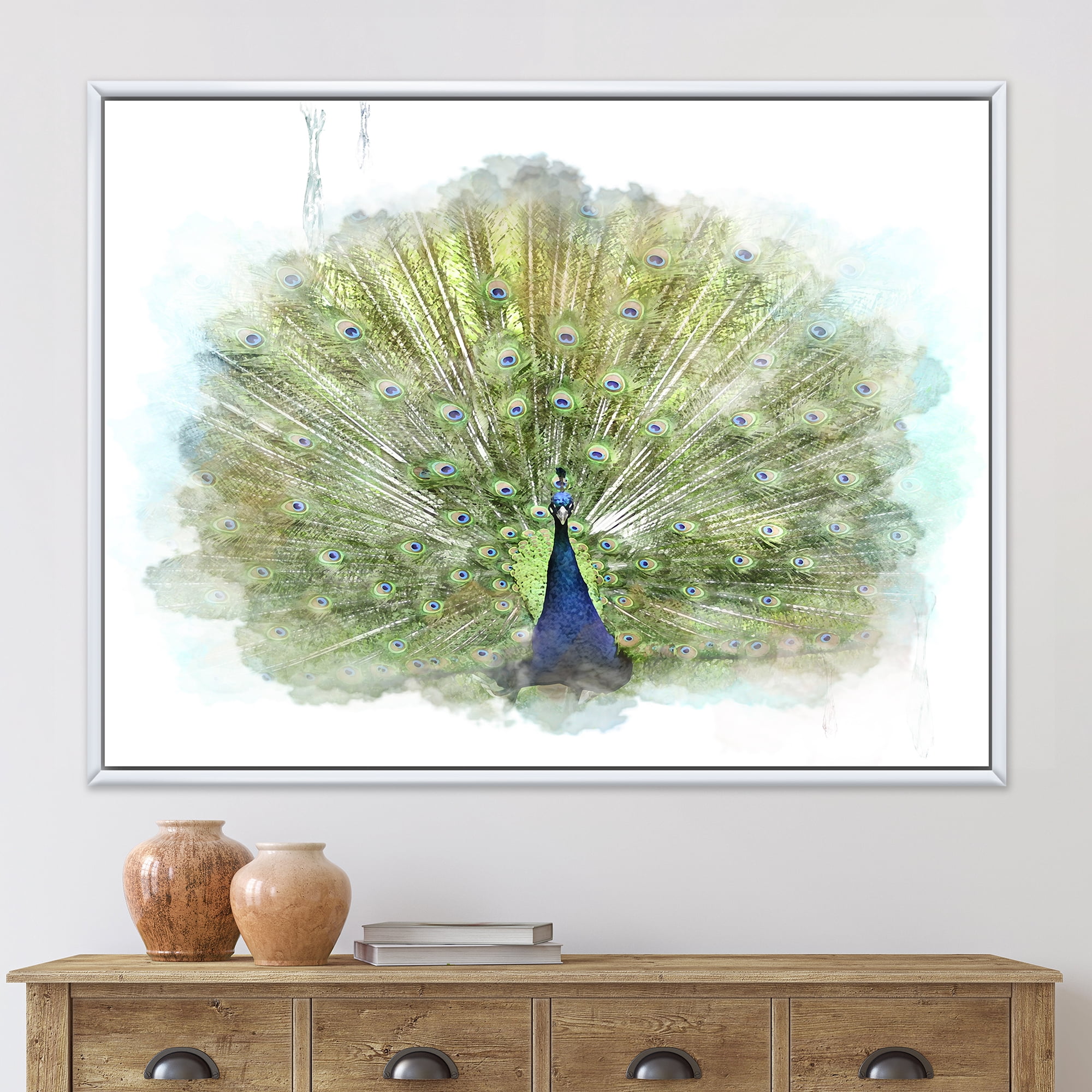 Designart 'Dancing Peacock Bird' Traditional Framed Canvas Wall Art Print