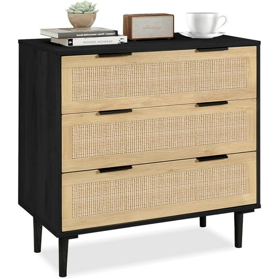 Rattan Dresser for Bedroom 3 Drawer Boho Dresser for Closet, Rattan Chest of Drawers Modern Natural Wood for Kids Bedroom, Living Room, Nursery, Hallway, Entryway, Black
