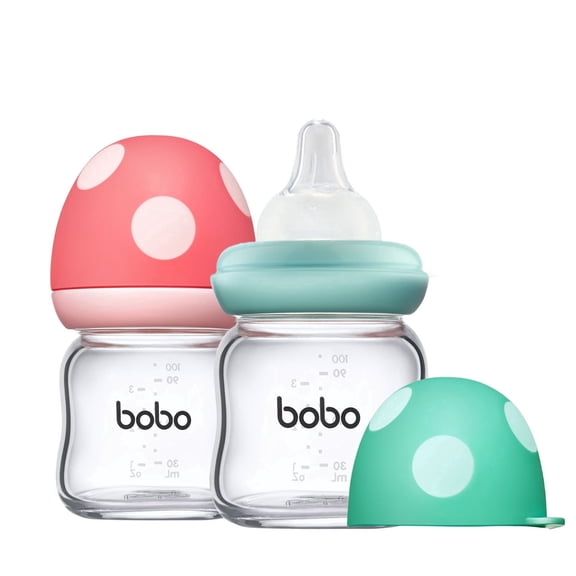 YOHKOH Yellow Glass Baby Bottle,Wide Neck,Natural Nipple Bottle,3.4 ounce,for 0m Infants Pack of 2 ,Multicolour