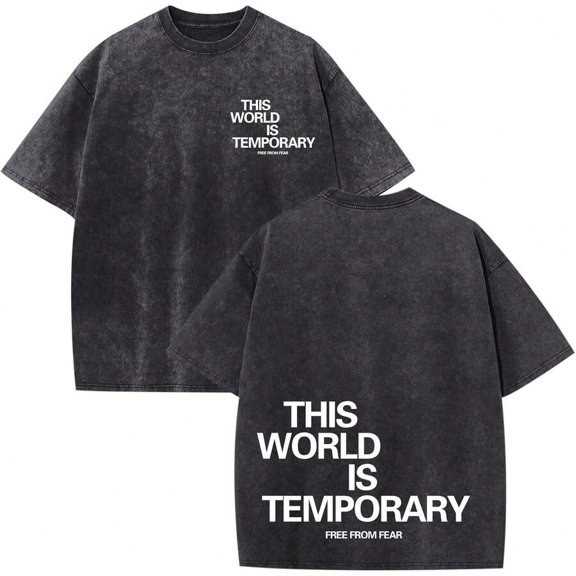 Black Oversized Acid Wash Graphic T-Shirt With This World Is Temporary Print