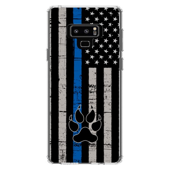 DistinctInk Clear Shockproof Hybrid Case for Samsung Galaxy Note 9 - TPU Bumper, Acrylic Back, Tempered Glass Screen Protector - Thin Blue Line US Flag K9 Dog Paw - First Responders