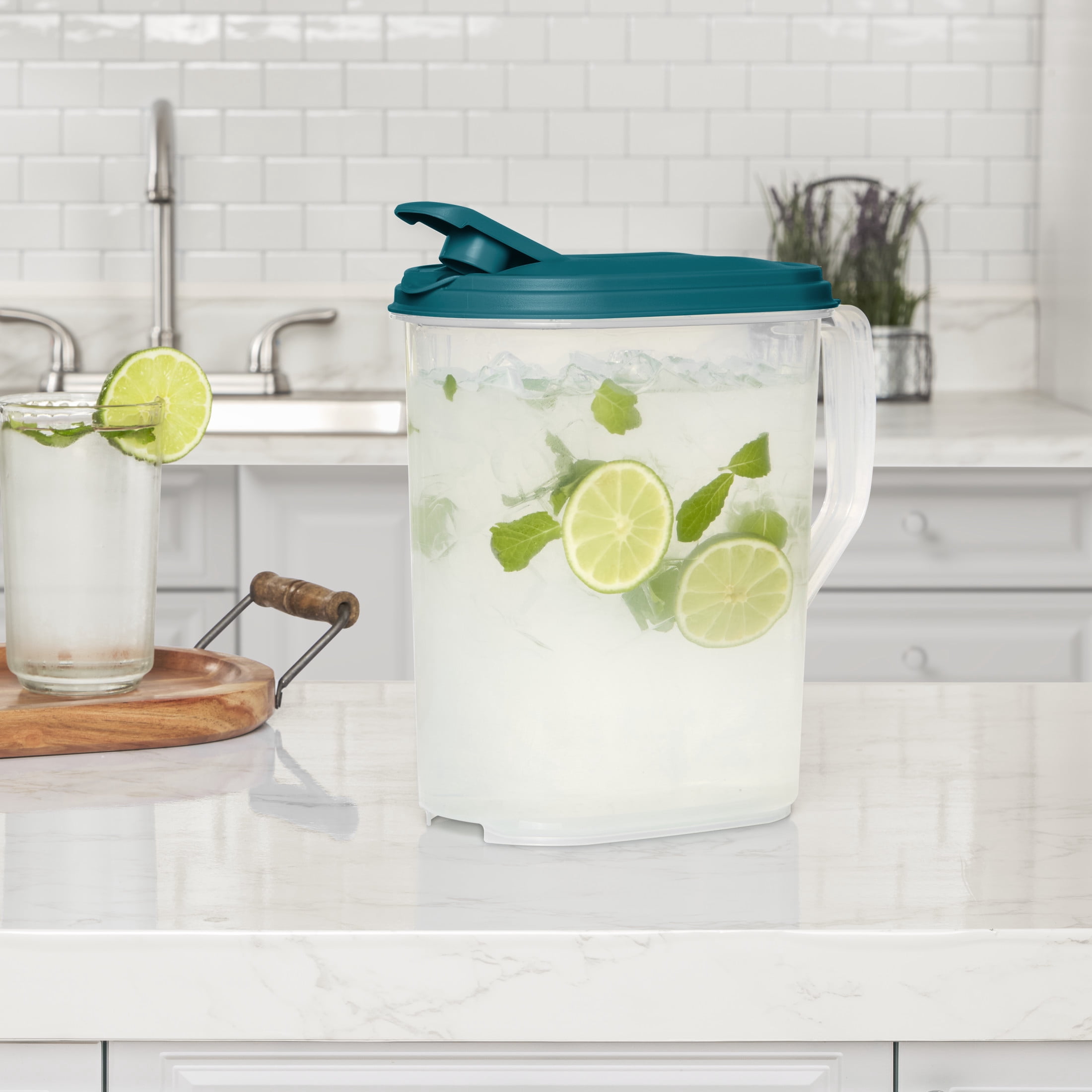 (2 pack) Mainstays 1 Gallon Oval Pitcher, Freezer- and Dishwasher-Safe, Durable Food-Safe Plastic, BPA-Free, Teal Lid