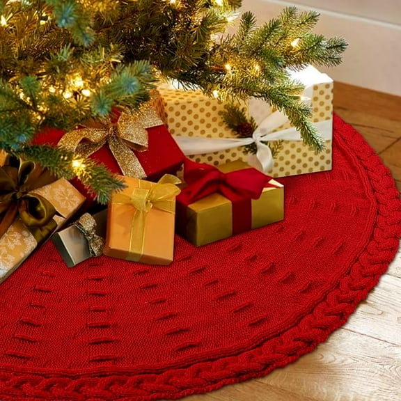CF  48 Inches Christmas Knitted Tree Skirt Decorations Xmas Large Red Chunky Cable Farmhouse Thick Rustic Tree Skirt for Merry Christmas Tree Holiday Home Party Decoration