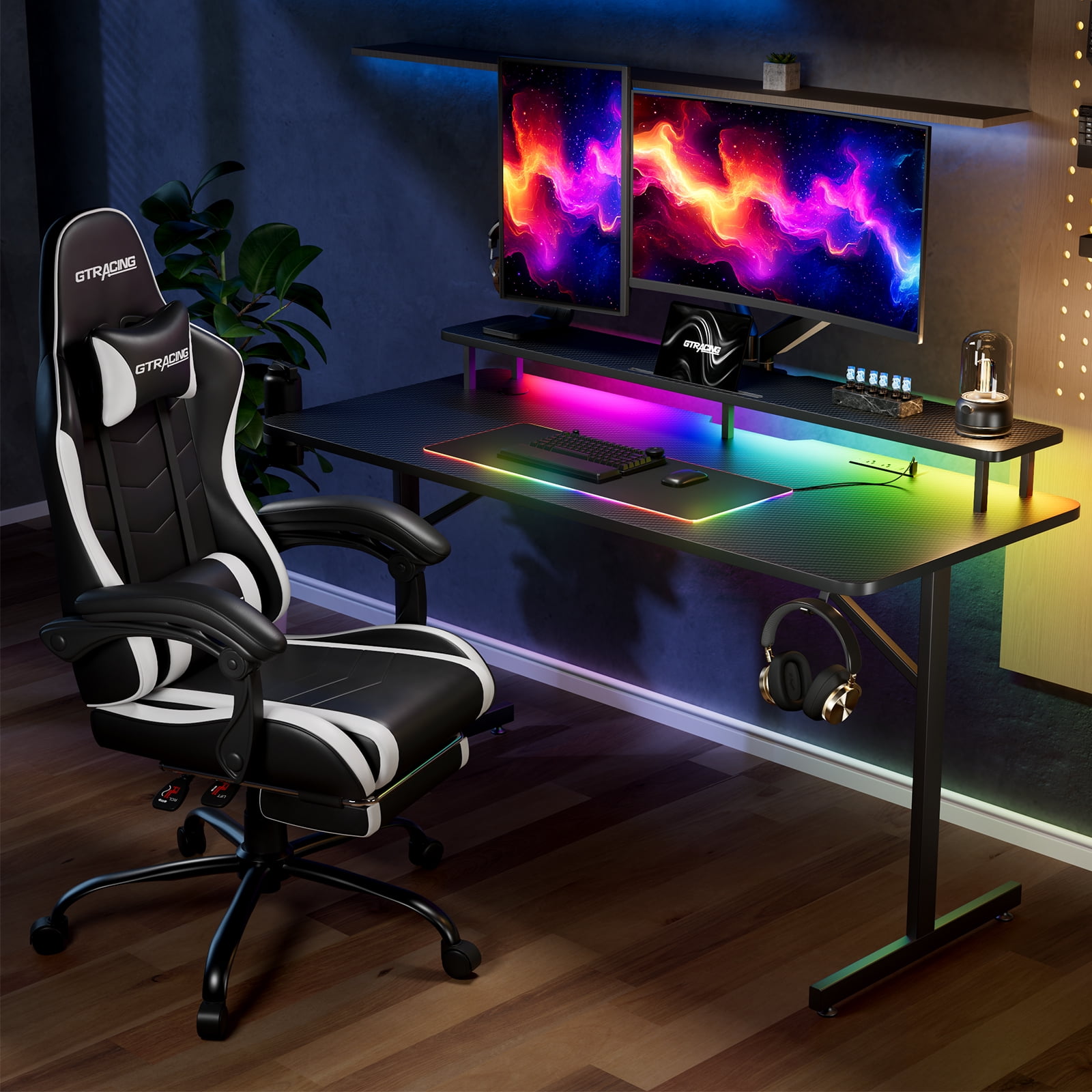 GTRACING Lumina Elite LED Gaming Desk with USB and Power Outlets, for Home and Office, Monitor Stand and Wireless Charging, Black