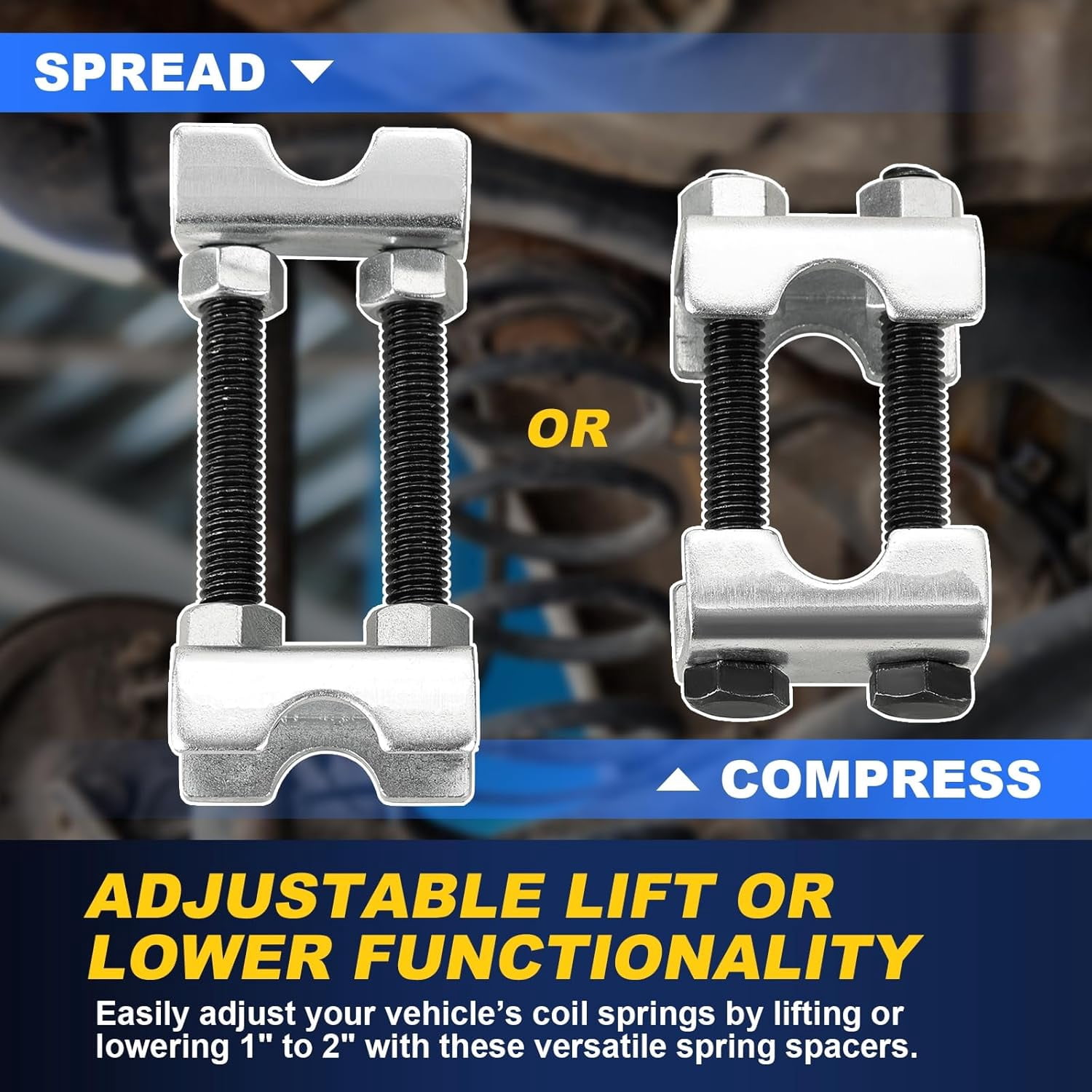 Adjustable 2-Way Coil Spring Spacers 4 Pack, 1”-2” Lift or Lower Spring Compressor Tool, Mini Coil Spring Booster for Car & Truck Shock Absorbers, Automotive Strut Accessories (4)